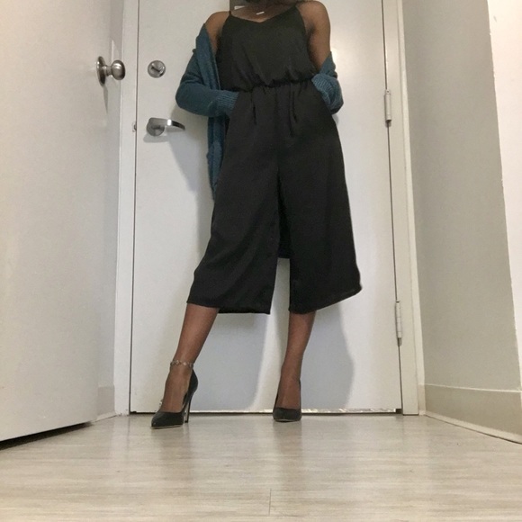 Black Wide Leg Midi Length Strappy Satin Romper - Picture 4 of 4